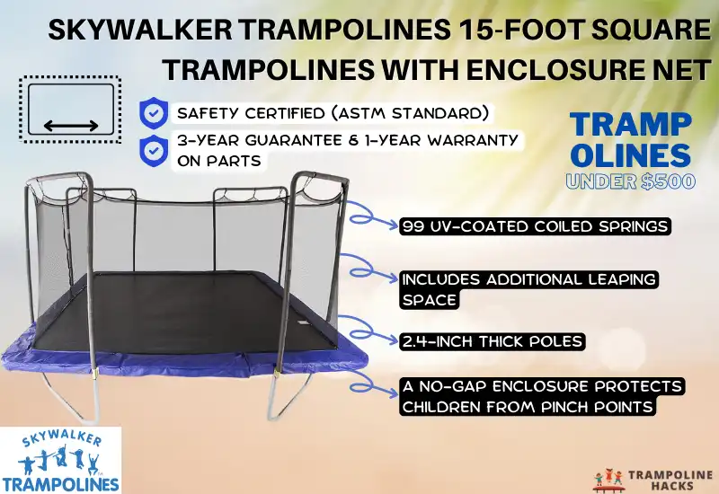 Skywalker Trampolines 15-Foot Square Trampolines with Enclosure Net