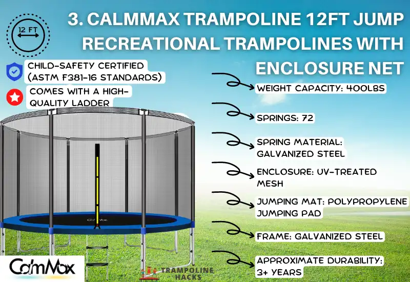 CalmMax Trampoline 12FT Jump Recreational Trampolines with Enclosure Net