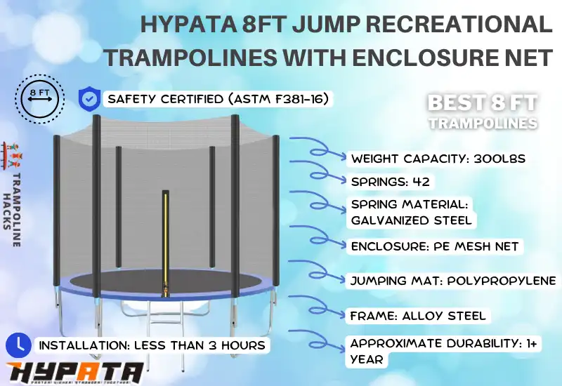 HYPATA Trampoline 8FT Jump Recreational Trampolines with Enclosure Net